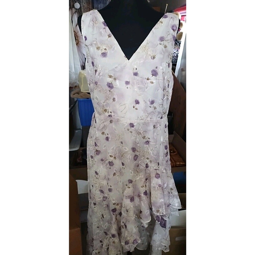 EYWOL floral embroidered ruffle midi dress features a sheer overlay